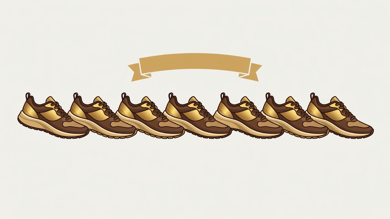 Flat vector illustration of a row of brown and gold running shoes lined up