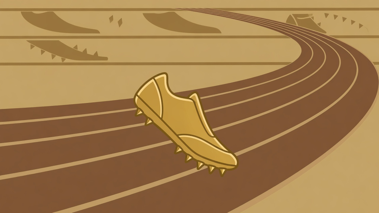 Flat vector illustration of a gold racing shoe and spikes on brown track lanes