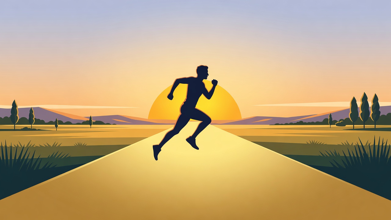Flat vector illustration of a runner on a gold road at sunrise